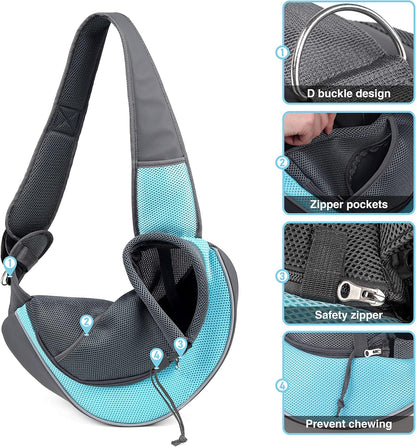 Pet Dog Sling Carrier Adjustable Strap, Zipper Opening Can Soothe Pets, Free Hands Puppy Sling Bag with Safety Leash, Small Dog Crossbody Bag for Outdoor Travel (S (Up to 4.5 Lbs), Cyan)