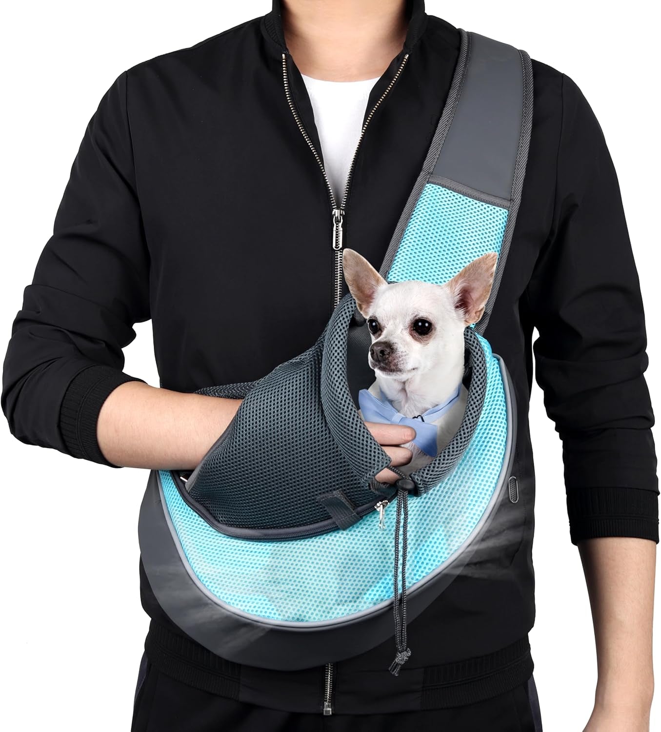 Pet Dog Sling Carrier Adjustable Strap, Zipper Opening Can Soothe Pets, Free Hands Puppy Sling Bag with Safety Leash, Small Dog Crossbody Bag for Outdoor Travel (S (Up to 4.5 Lbs), Cyan)