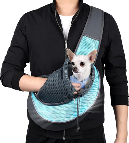 Pet Dog Sling Carrier Adjustable Strap, Zipper Opening Can Soothe Pets, Free Hands Puppy Sling Bag with Safety Leash, Small Dog Crossbody Bag for Outdoor Travel (S (Up to 4.5 Lbs), Cyan)